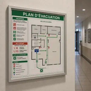 Plan d'évacuation affiché près d'une issue