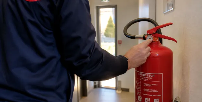 Technicien vérifiant un extincteur et un bloc de secours dans un établissement en Provence